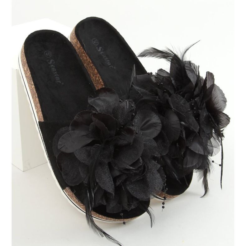 Pantuflas de corcho negro con flores CK113P Negro 1 Pantuflas de corcho negro con flores CK113P Negro 1