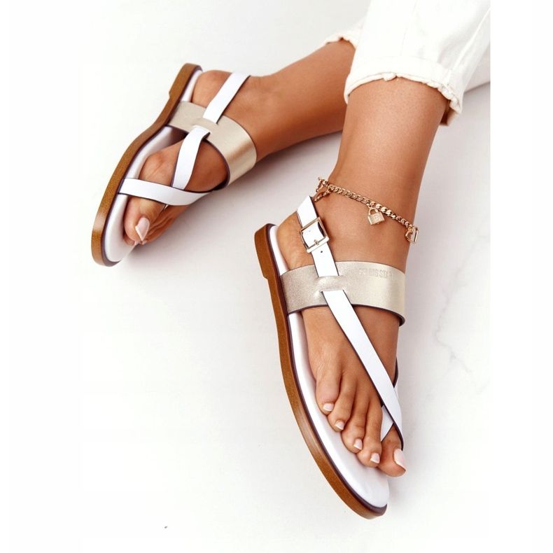 Sandalias Piel Chanclas Big Star HH274714 Blanco y Dorado 1