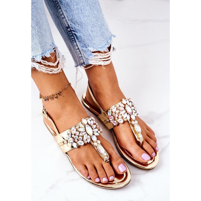 Sandalias Chanclas Con Cristales Lu Boo Dorado 1