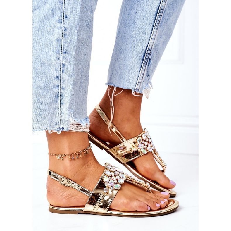Sandalias Chanclas Con Cristales Lu Boo Dorado 2