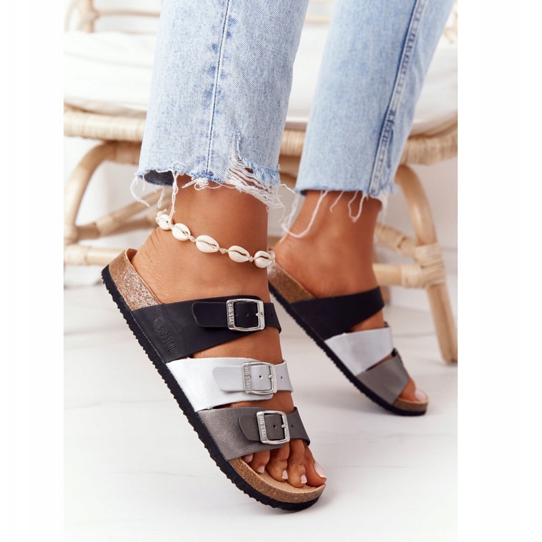 Pantuflas de piel perfilada Big Star HH274588 Negro y Plata 5