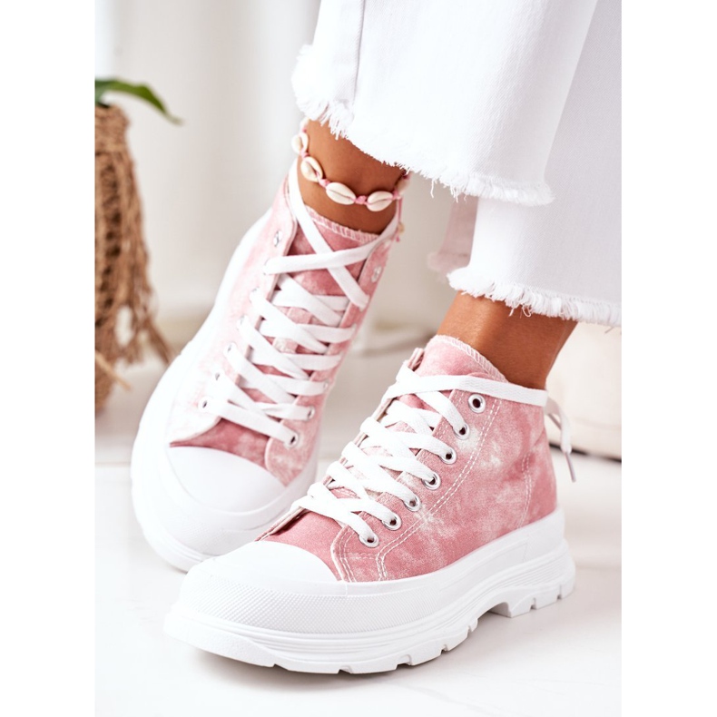 FJ1 Zapatillas altas de color rosa en suela grande con efecto trissy tie-dye blanco 1