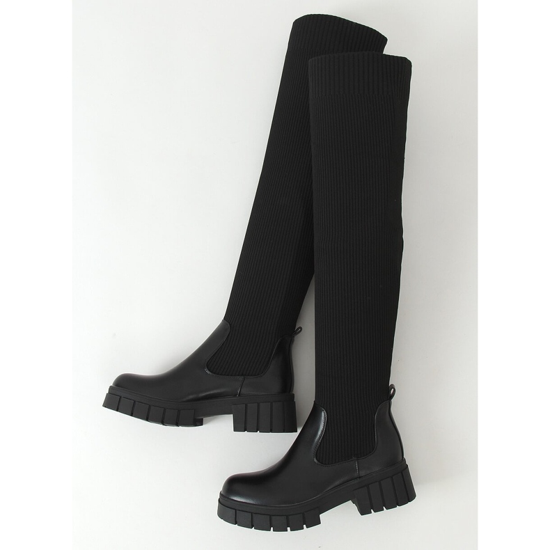 Botas por encima de la rodilla con parte superior de calcetín negro QT12 Negro 1 Botas por encima de la rodilla con parte superior de calcetín negro QT12 Negro 1