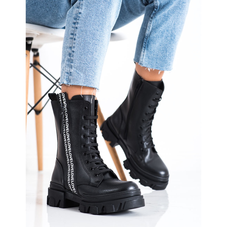 SHELOVET Botas con amor de cuero ecológico negro 2