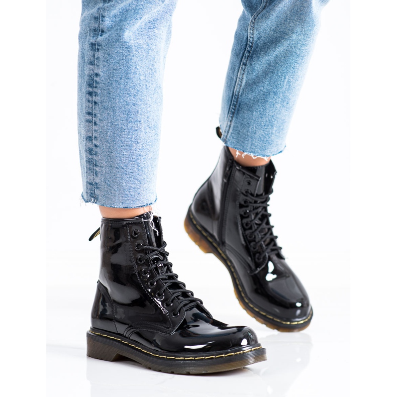 Queentina Botas de montaña lacadas de moda negro 2