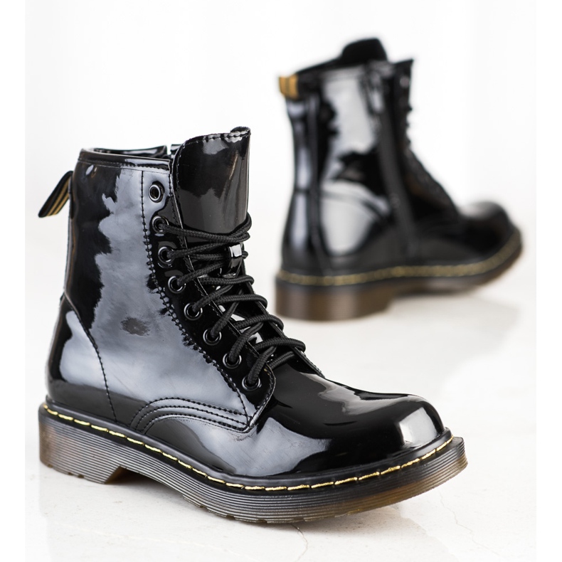 Queentina Botas de montaña lacadas de moda negro 1