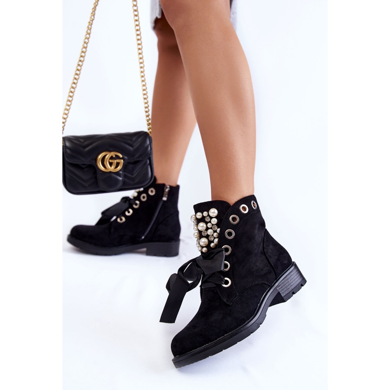 Botas de Ante con Perlas y Cinta Perla Negra negro 2