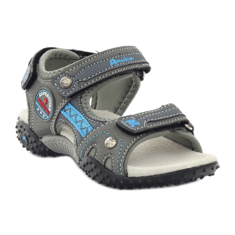 American Club Sandalias de velcro con aplicación de cuero gris americano 1618 azul 1
