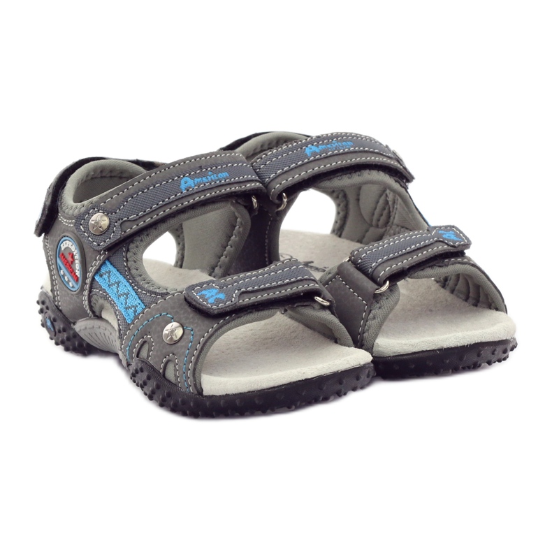 American Club Sandalias de velcro con aplicación de cuero gris americano 1618 azul 4 American Club Sandalias de velcro con aplicación de cuero gris americano 1618 azul 4