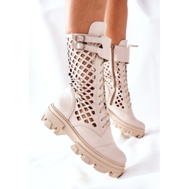 PA2 Botas de cuero calado para mujer Trappers Beige Hootie 6
