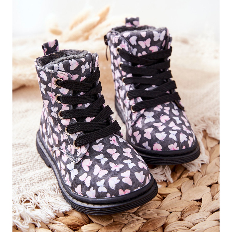 PE1 Botas de cuero calentado con lana gris con mariposas Amy 1