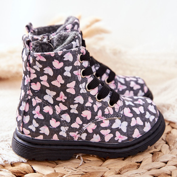 PE1 Botas de cuero calentado con lana gris con mariposas Amy 2