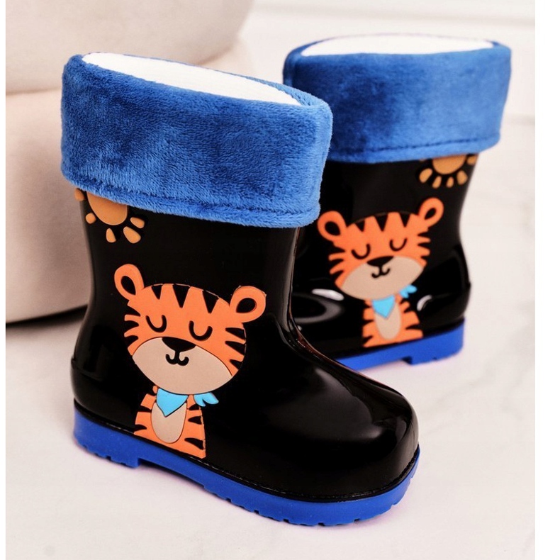 Botas de lluvia cálidas negras para niños con un tigre negro azul naranja 3