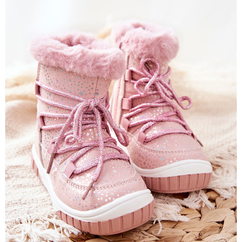 PE1 Botas de nieve cálidas con estrellas de piel rosa 2