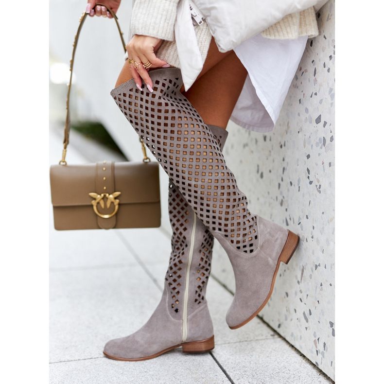 PA2 Botas de ante con patrón calado en punta marrón claro 2