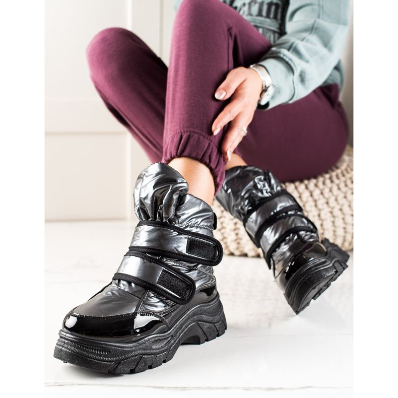 TRENDI Botas de nieve brillantes con velcro negro plata 1