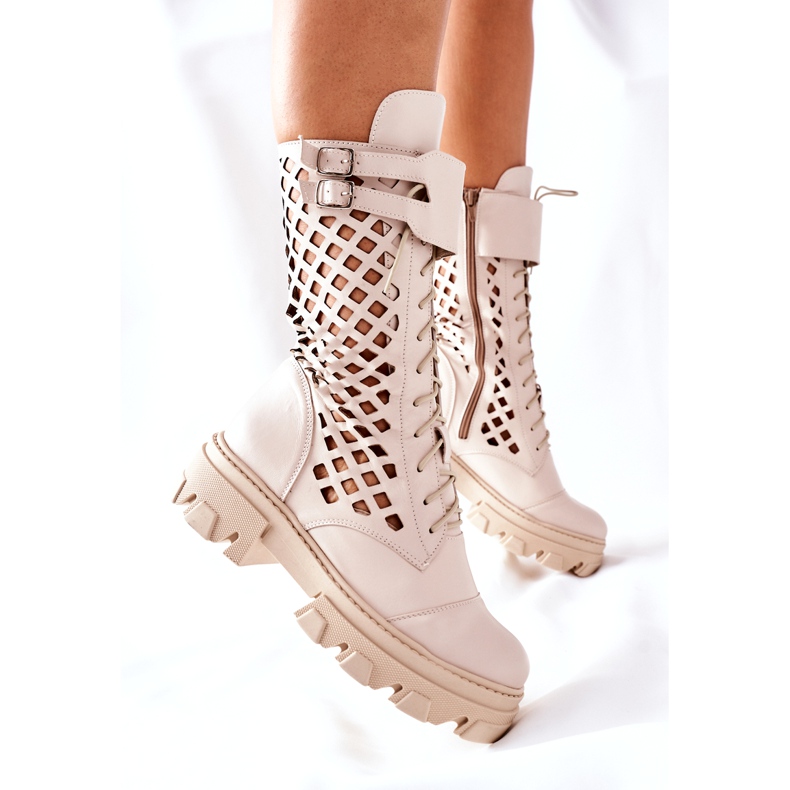 PA2 Botas de cuero calado para mujer Trappers Beige Hootie 5