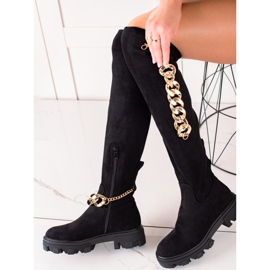 Diamantique Botas de ante con cadena dorada negro 2