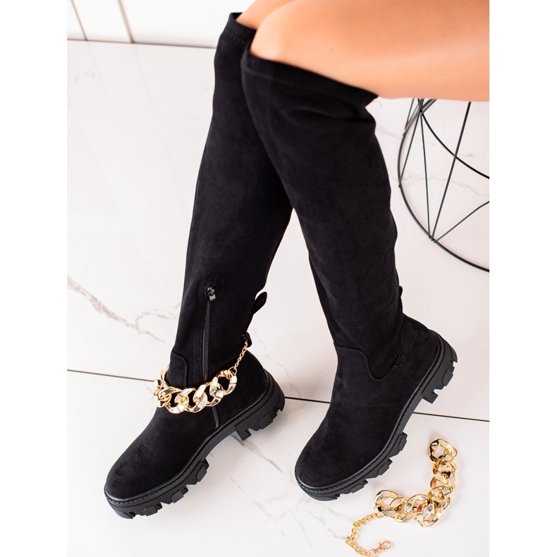 Diamantique Botas de ante con cadena dorada negro 1