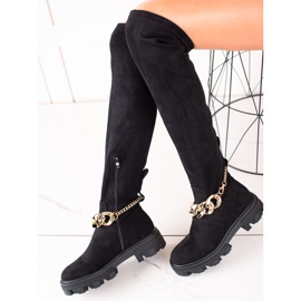 Diamantique Botas de ante con cadena dorada negro 3