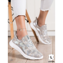 Goodin Zapatillas de cuero brillante beige gris dorado 3