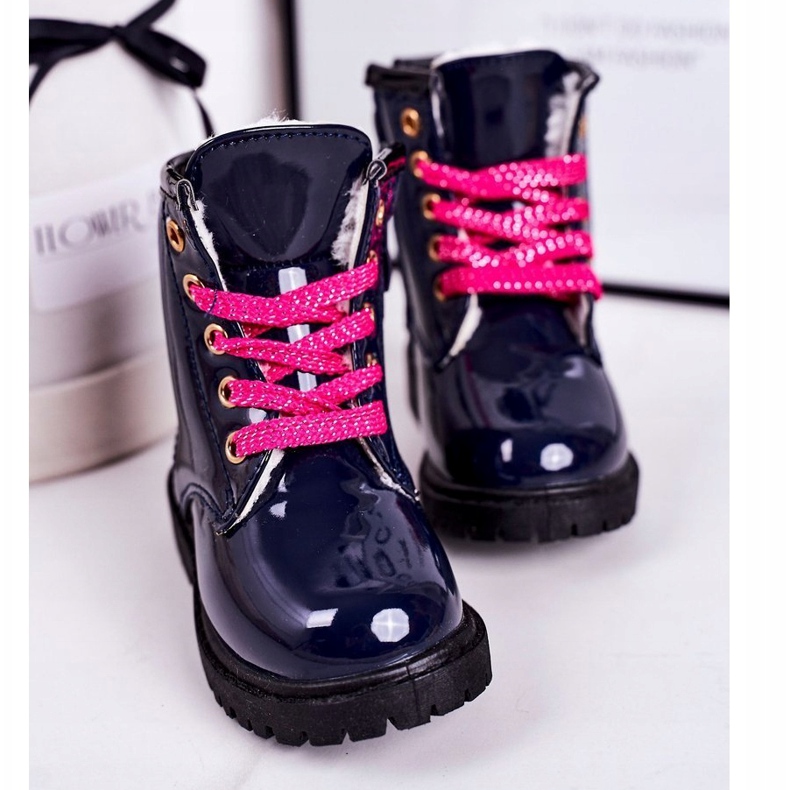 Botas Infantiles Calentadas Con Piel, Lacado Navy Pinkie azul marino 3
