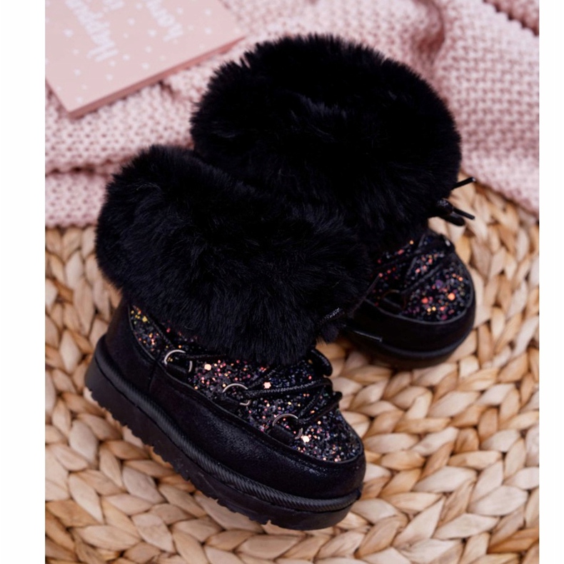 FRROCK Botas de nieve cálidas para niños con piel de zorro de cristal negro 1