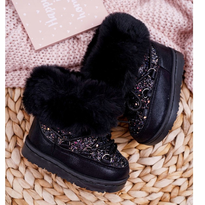 FRROCK Botas de nieve cálidas para niños con piel de zorro de cristal negro 3