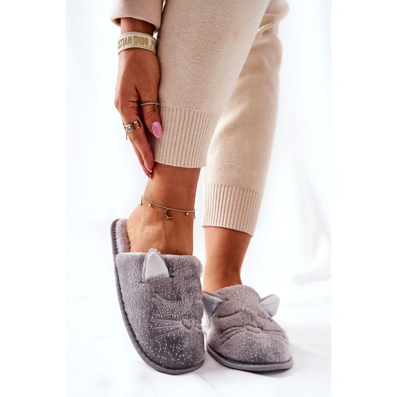 PE1 Pantuflas de gatito brillantes con orejas grises de Kaisy plata 1