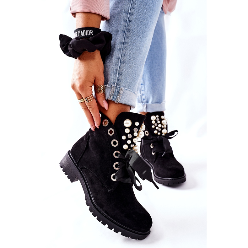 FI1 Botas de Ante con Perlas y Cinta Perla Negra negro 1