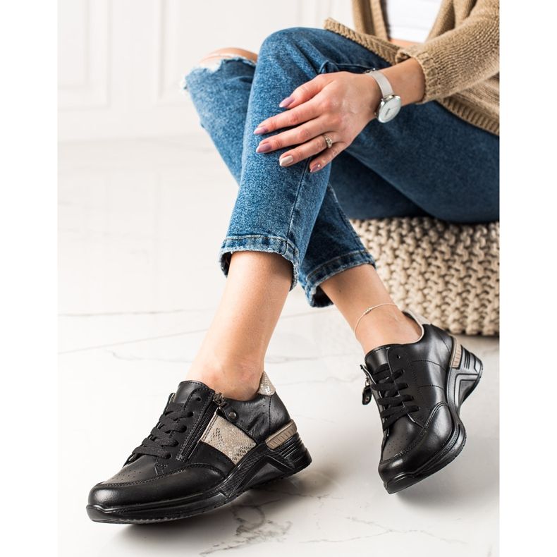 Evento Zapatillas de piel con cremallera decorativa beige negro 2