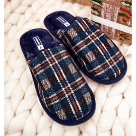 WJ1 Pantuflas cálidas a cuadros azul marino para hombre Whisper beige 1
