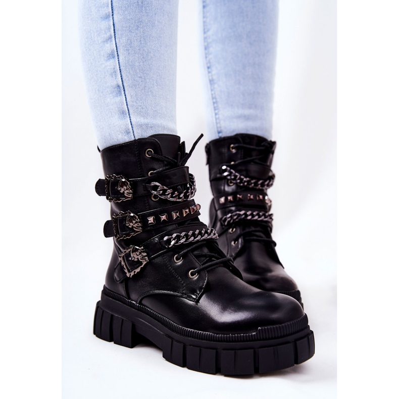 WS1 Botas Atado Cadena Hebilla Negro Reiloy 1