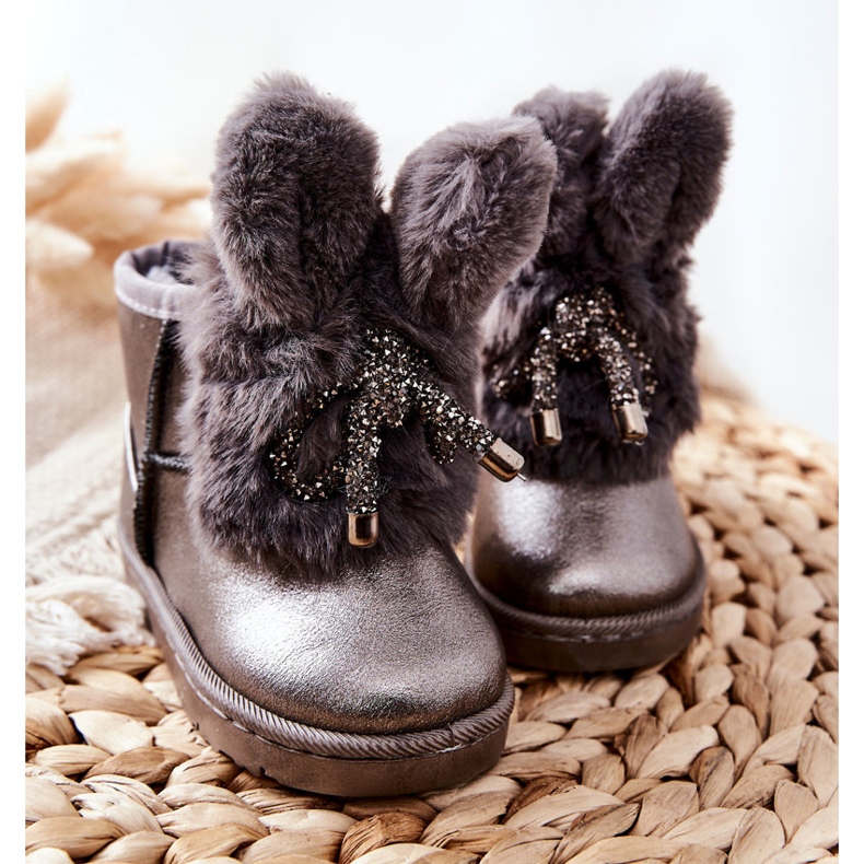 Botas De Nieve Infantiles De Pelo Con Orejas Conejito Gris marrón plata 2