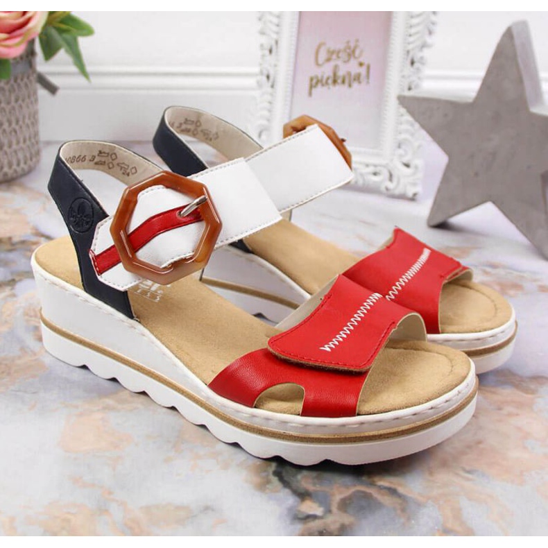 Sandalias cuña Rieker W 67476-33 blanco rojo 2