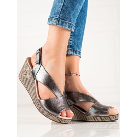 TRENDI Sandalias De Cuero Plateadas Con Cuña gris 2