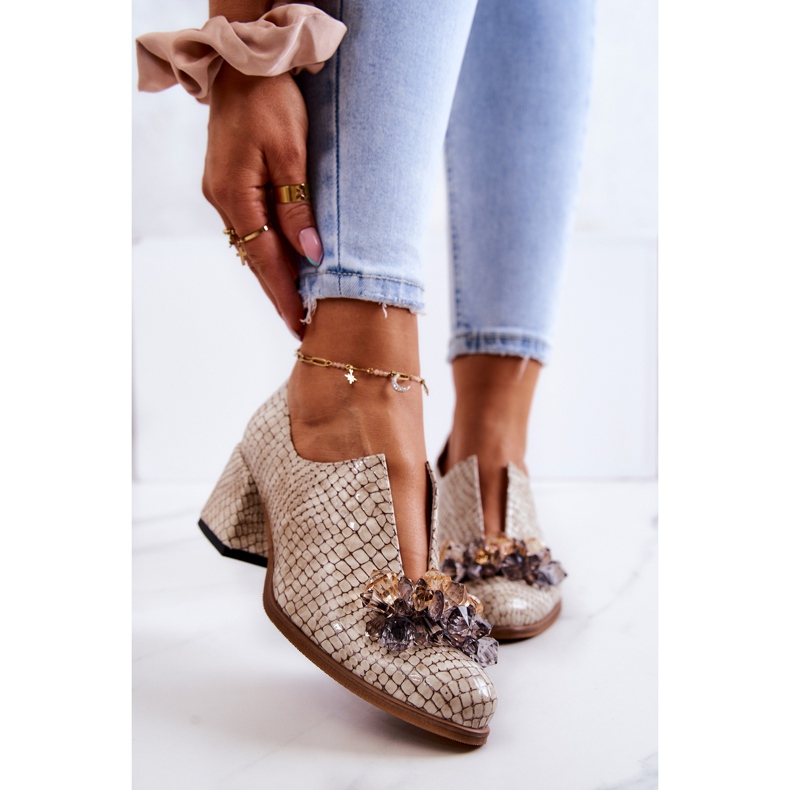 PA2 Elegantes Tacones Altos De Cuero Con Decoración Delaver Beige 1