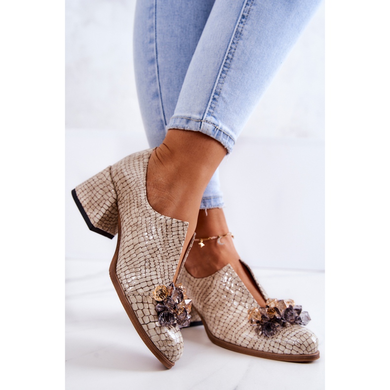 PA2 Elegantes Tacones Altos De Cuero Con Decoración Delaver Beige 2