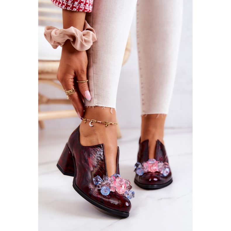 PA2 Elegantes Tacones Altos De Cuero Con Decoración Delaver Burdeos rojo 2