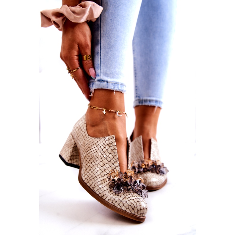 PA2 Elegantes Tacones Altos De Cuero Con Decoración Delaver Beige 1