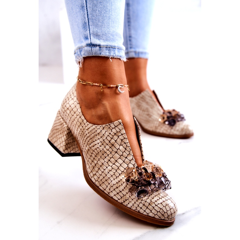 PA2 Elegantes Tacones Altos De Cuero Con Decoración Delaver Beige 3