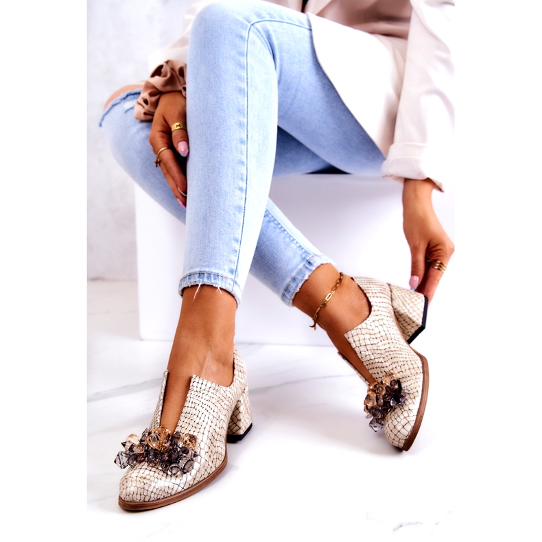 PA2 Elegantes Tacones Altos De Cuero Con Decoración Delaver Beige 4