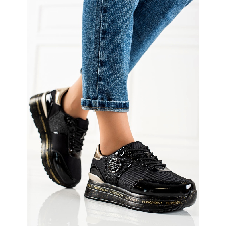 Filippo Zapatillas de deporte de cuero de moda negro dorado 1