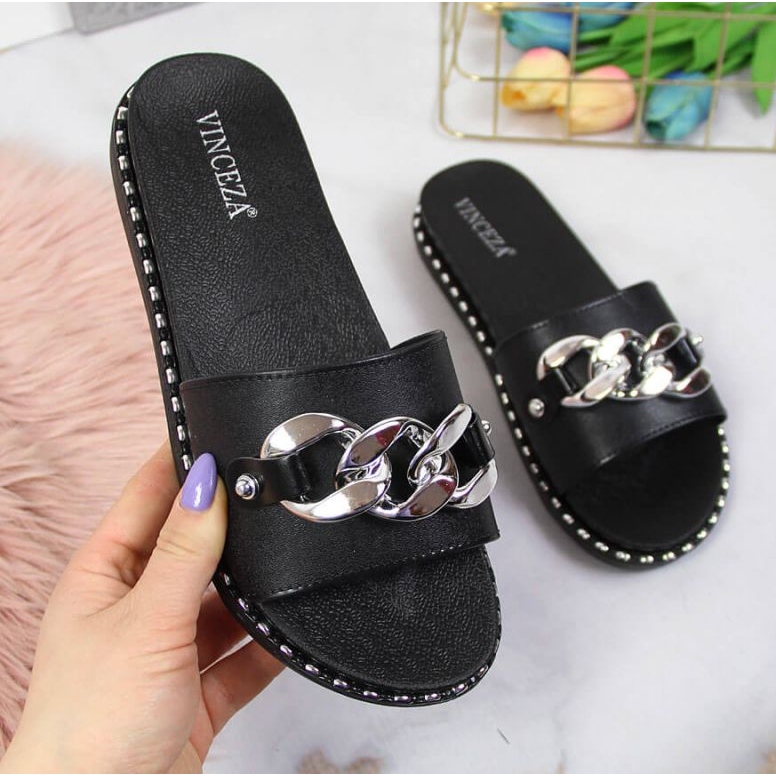 Pantuflas negras Vinceza W JAN111A con cadena negro 1