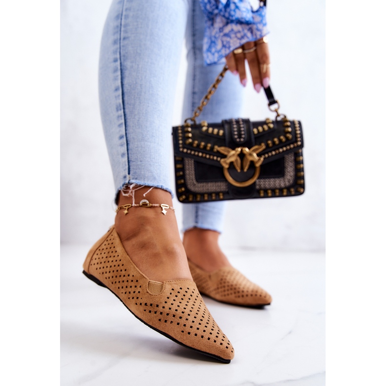 LU BOO Bailarinas mujer caladas Slip-on Camel Rosario marrón 2