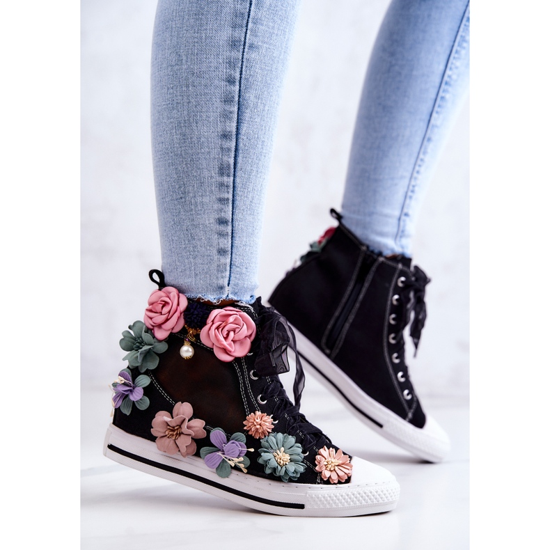 LU BOO Zapatillas Altas Con Flores Negro Sellin 1