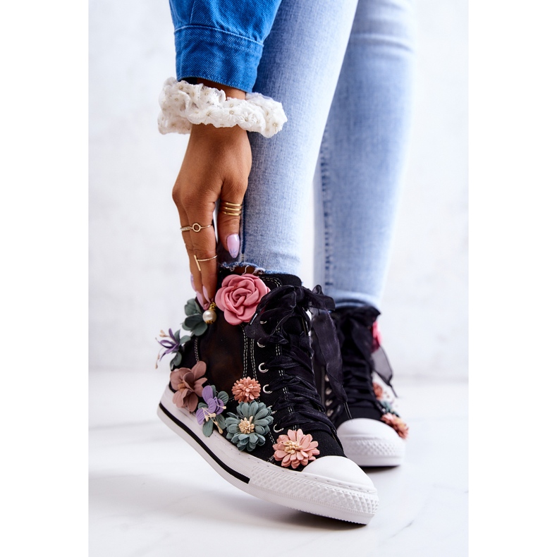 LU BOO Zapatillas Altas Con Flores Negro Sellin 2