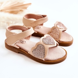 S.Barski Sandalias Infantiles Piel Brocado Corazones Beige Luisa dorado 1