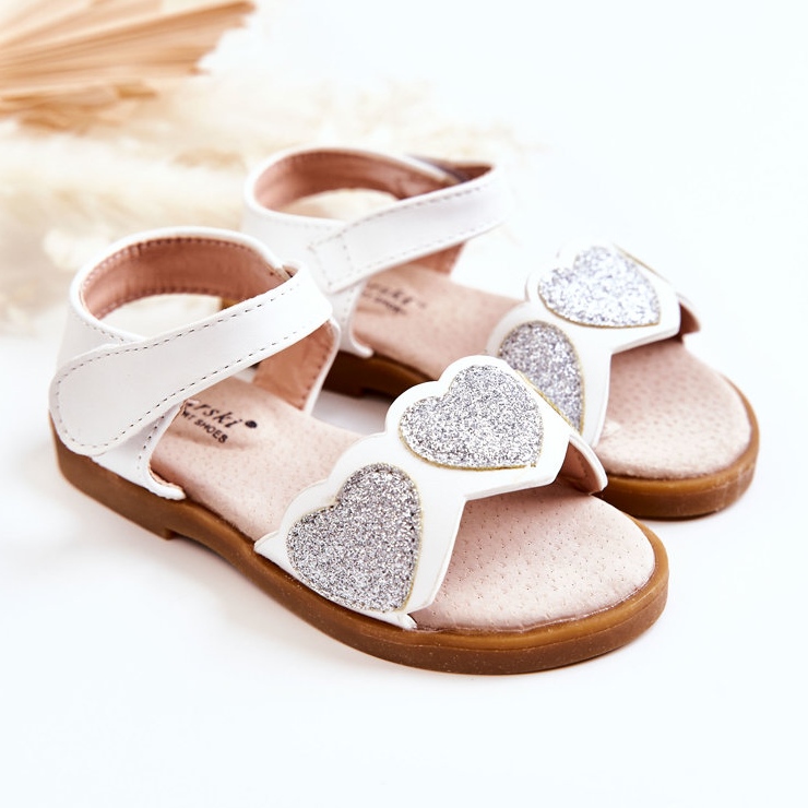 S.Barski Sandalias Infantiles Piel Brocado Corazones Blanco Luisa 1