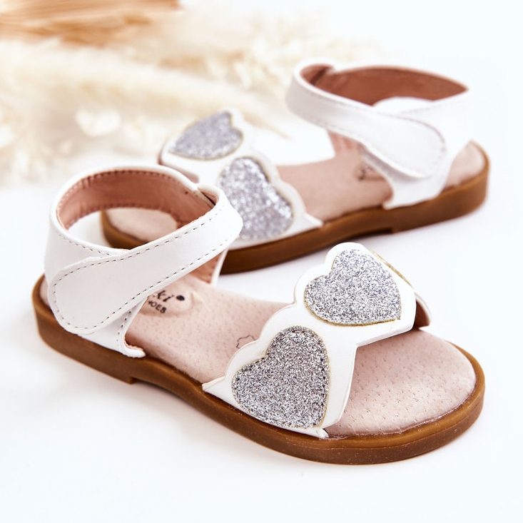 S.Barski Sandalias Infantiles Piel Brocado Corazones Blanco Luisa 2